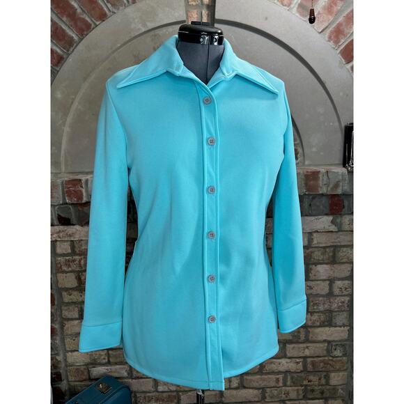 button up shirt dagger collar aqua blue 1970s - Picture 1 of 9